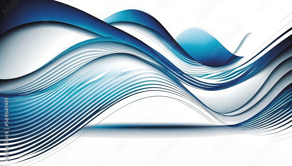 Poster an abstract blue and white background with wavy lines and curves in the middle of the image, with a 