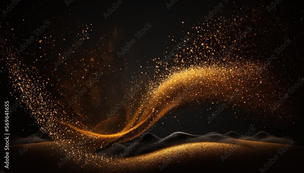 Poster a gold dust explosion on a black background with a black background and a black backdrop with a gold