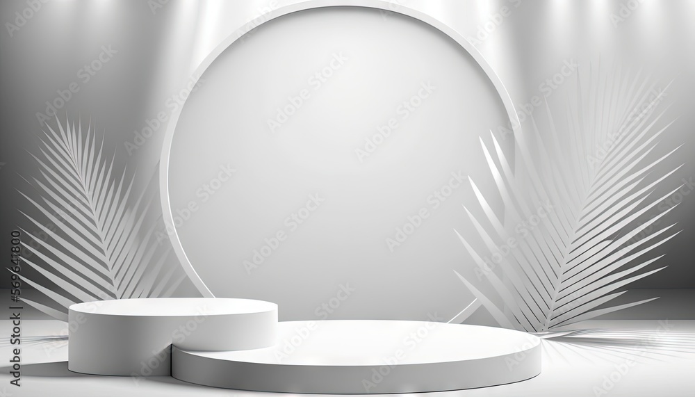 Poster a white podium with a palm leaf on it in front of a stage with lights and a round object in the midd