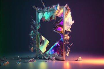 Broken mirror, neon colorful, phantasmal iridescent created with generative ai technology