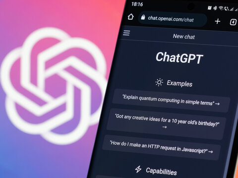 Galati, Romania - February 08, 2023: Webpage of ChatGPT, a prototype AI chatbot developed by OpenAI, on a smartphone screen. Examples of interactions with the AI are shown before a new chat.