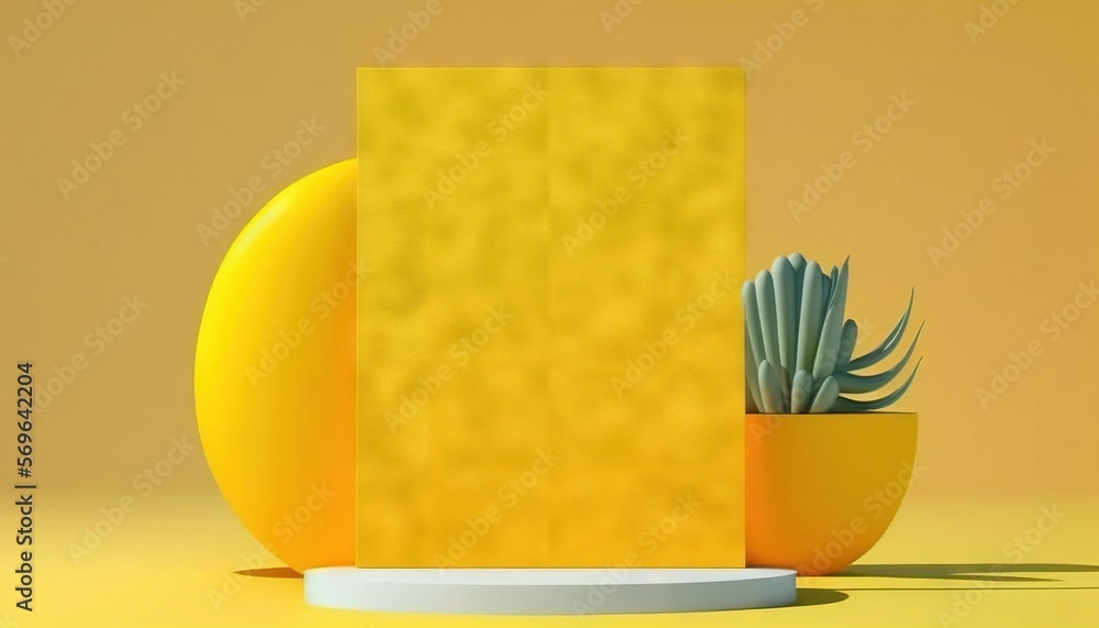 Poster a cactus in a yellow pot next to a yellow paper on a yellow surface with a shadow on the floor and a