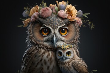 Beautiful mother and baby owl animals with flower crown. Colorful portrait wallpaper. Mother’s day Generative AI.