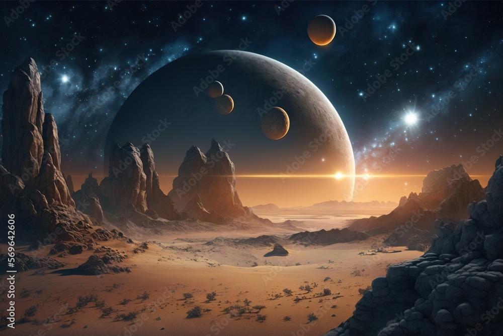 Poster an artist's rendering of planets in the sky with mountains and rocks in the foreground, and a distan