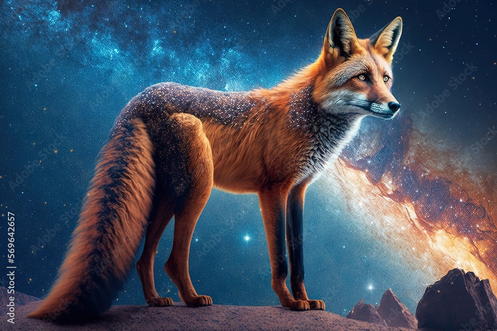 Poster a red fox standing on top of a mountain under a sky filled with stars and a bright star filled sky b