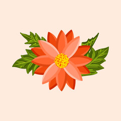 Bright colorful flower with leaves. Botanical vector isolated illustration for postcard, poster, ad, decor, fabric and other uses.