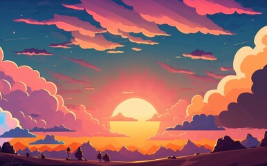 Huge panorama of the sun setting, sunrise, and the sky at dusk with colorful clouds. Generative AI