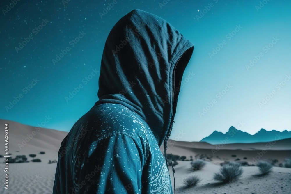 Poster a person in a hooded jacket standing in the middle of a desert with mountains in the background and 