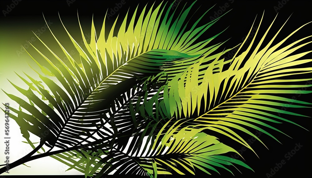 Poster a palm tree branch with green leaves on a black and white background with a green light in the middl