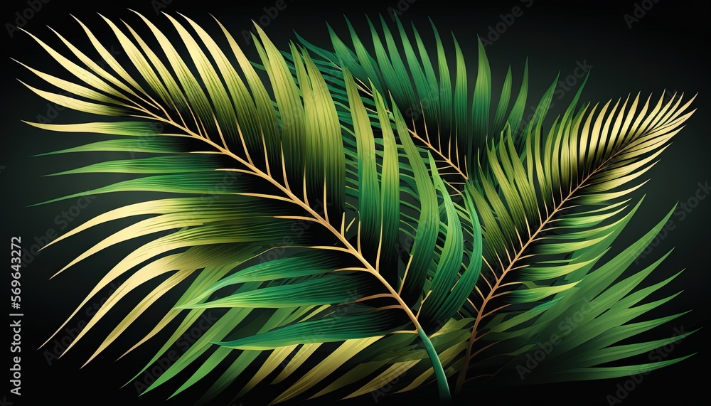 Poster a green palm leaf on a black background with a green light in the middle of the image and a green pa
