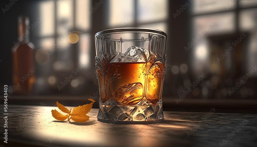 Poster a glass of whiskey and a half of an orange peel sit on a table in front of a window with a bottle of