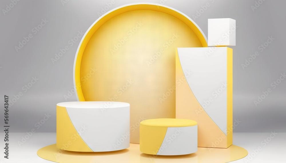 Poster a yellow and white display with a round object next to it on a white surface with a light shining in