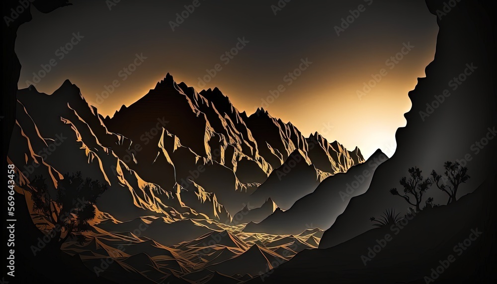 Poster a black and white photo of a mountain range with a sunset in the background and a silhouette of a tr