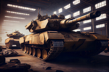 Production of the military tank plant production of the military industry and new technologies in military equipment, modern tanks battle in the military zone of conflict. Generative AI