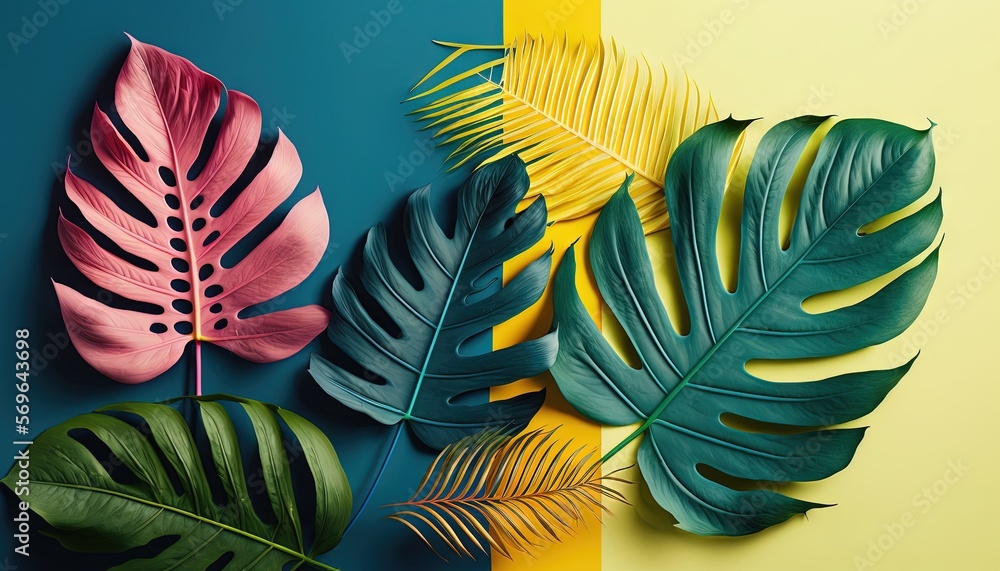 Poster a group of different colored leaves on a yellow and blue background with a green and pink stripe in 
