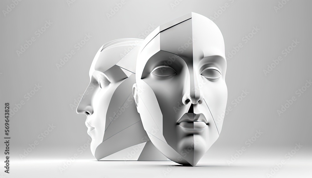 Poster a couple of faces that are next to each other on a gray background with a shadow of the faces of the