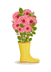 Bouquet of roses in yellow rain boot. Spring composition for Women's Day, Mother's Day, Valentine's Day and other holidays. Spring floral design isolated vector illustration.