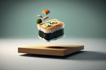 Illustration of levitating sushi. AI generation