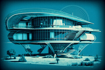 Retro futuristic House, Sketch and Blueprint, hand drawn illustration Generative AI