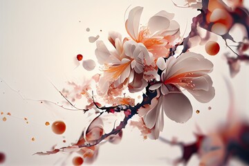 Fototapeta na wymiar pink cherry blossom Sakura flower and petals floating in the air with soft white background, generative AI Art