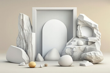 Composition of white stones. Minimal background for product presentation in 3d style. AI generation