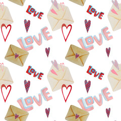 A pattern of envelopes and hearts. Watercolor illustration. valentine's day. A love message.