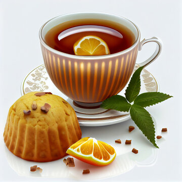Illustration ia of cup of tea with cakes on white background