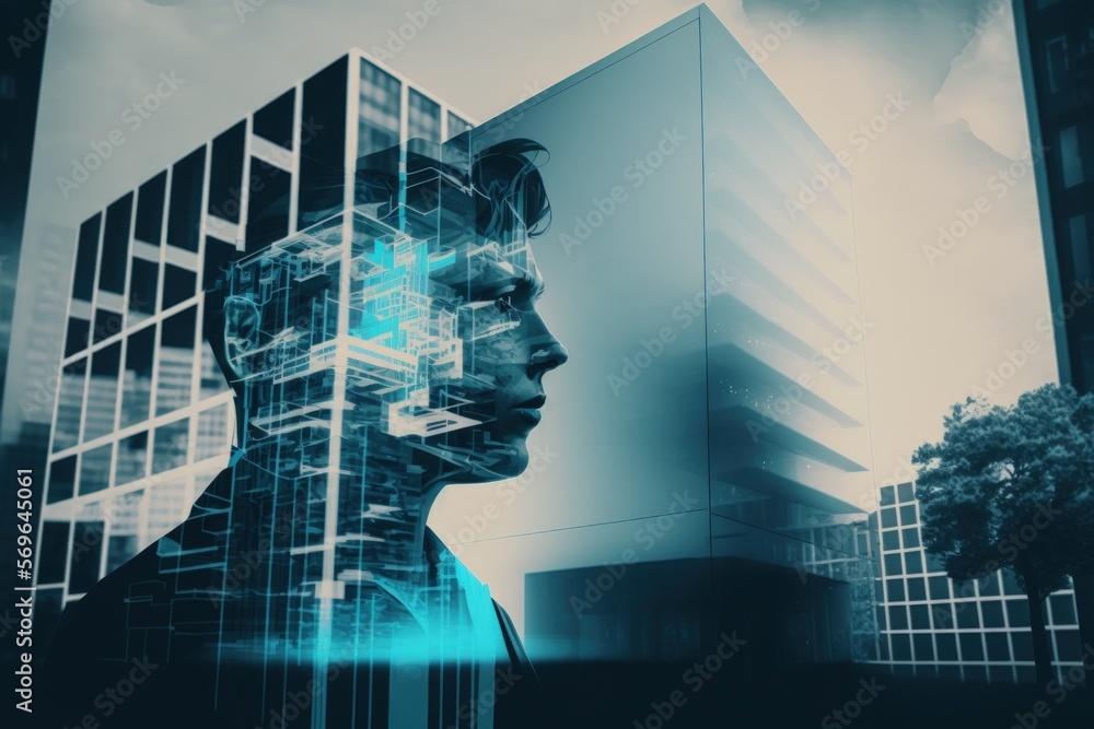 Poster holographic representation of a human head in an abstract virtual artificial intelligence interface 