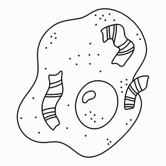 American traditional breakfast with popular products. Closeup delicious fried egg with bacon and pepper. Vector hand drawn doodle isolated on background. Cute illustration. Concept of meal, food
