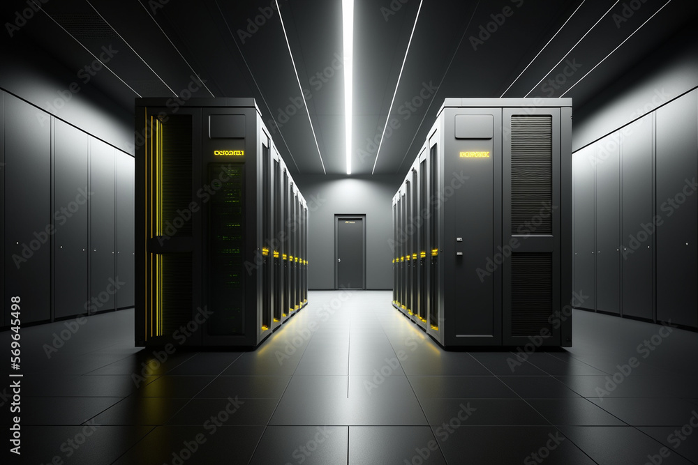 Poster computer in the data center. cloud computing service on a large server farm. cyber ​​security at nig