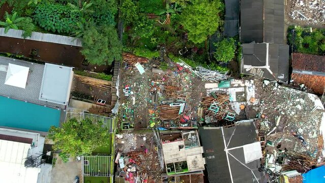 Aerial view of The Ruins of buildings damaged after the earthquake in Cianjur City. Bogor,