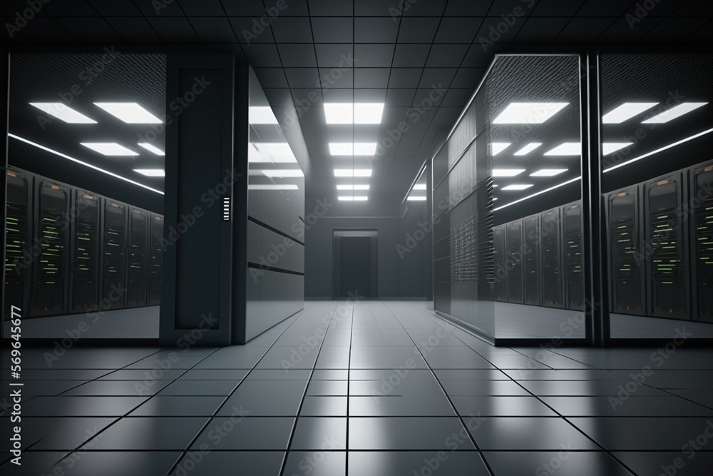 Poster computer in the data center. cloud computing service on a large server farm. cyber ​​security at nig
