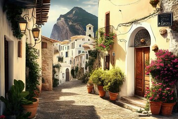traditional italian small village, old town street , ai generative - obrazy, fototapety, plakaty