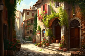 traditional italian small village, old town street , ai generative