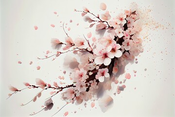 pink cherry blossom  Sakura flower and petals floating in the air with soft white background, generative AI Art