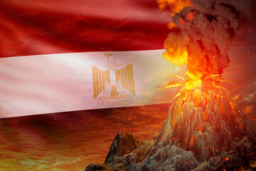 volcano blast eruption at night with explosion on Egypt flag background, troubles because of natural disaster and volcanic ash conceptual 3D illustration of nature