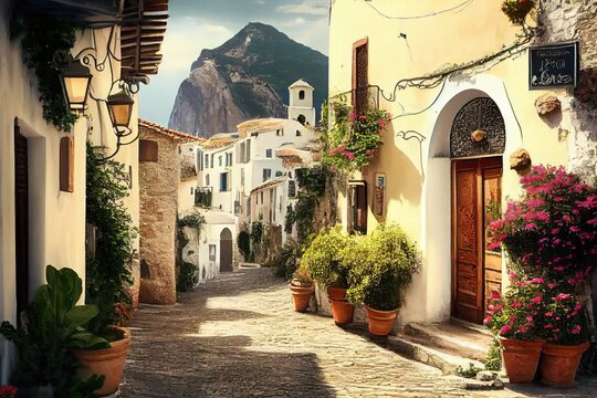 Fototapeta traditional italian small village, old town street , ai generative
