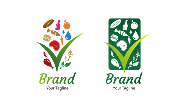 a logo about healthy and natural food and a combination of the letter V or a checklist, suitable for food and catering brand logos