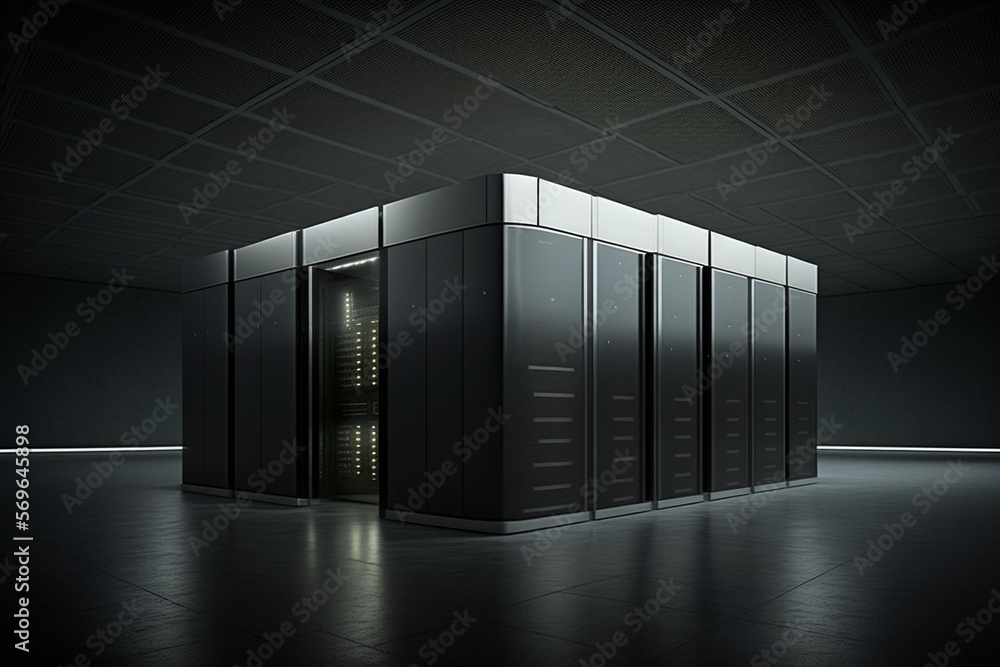 Poster computer in the data center. cloud computing service on a large server farm. cyber ​​security at nig
