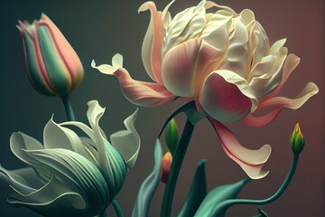 3D abstract pink and white tulips, generative AI Art