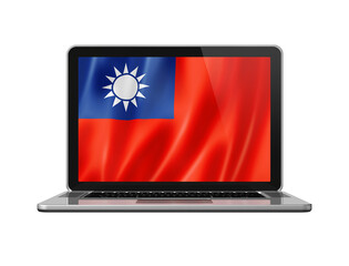 Taiwanese flag on laptop screen isolated on white. 3D illustration