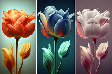 3D abstract orange, blue and pink tulips, generative AI Art