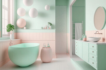 Modern bathroom interior in pastel colors - mint and pink. Photorealistic drawing in AI generated style.