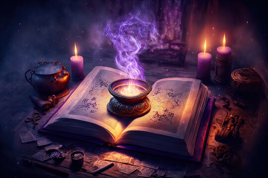 Magic opened old book on the desk with candles and purple smoke. Generative AI