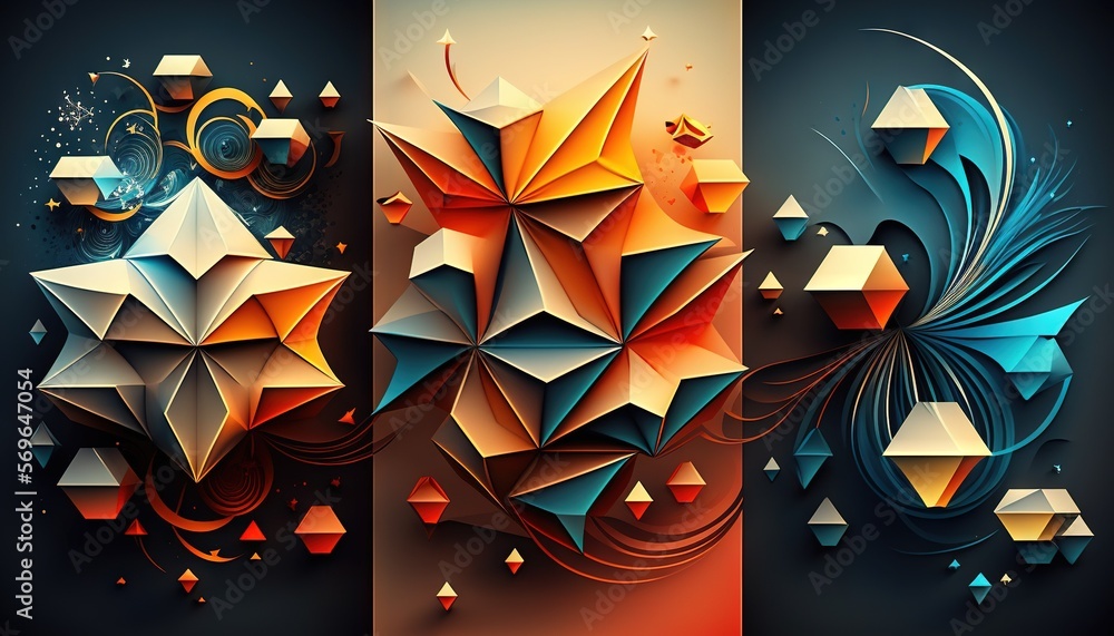 Poster a series of three abstract banners with different shapes and sizes of paper on a black background wi