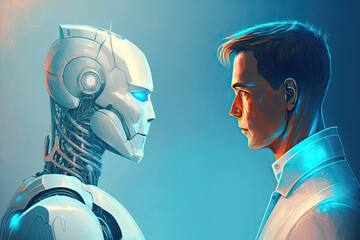 Robot and Man looking at each other. Evolution concept. Human future. Generative AI