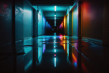 hallway with neon glowing light.Generative Ai