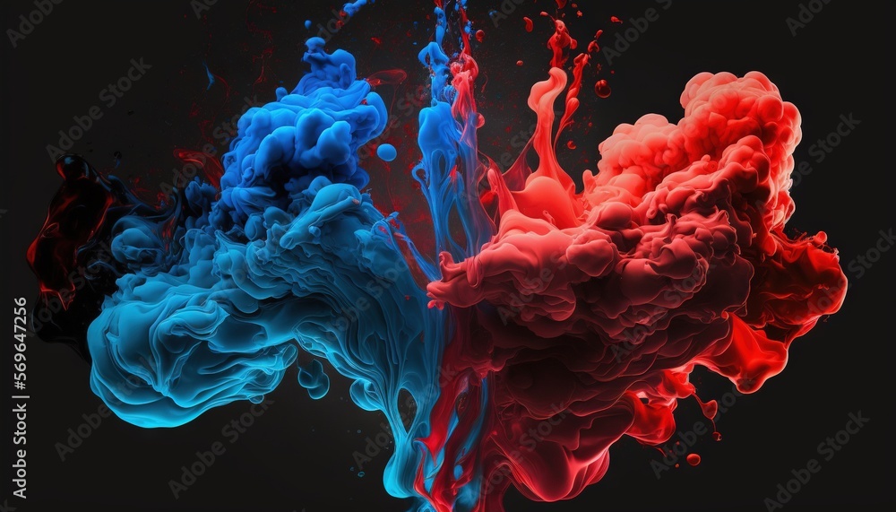 Poster red and blue ink are mixed together in a mixture of liquid on a black background with a black back d