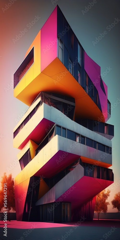 Poster a tall building with multiple levels of windows and balconies on the top of it's sides, with trees i