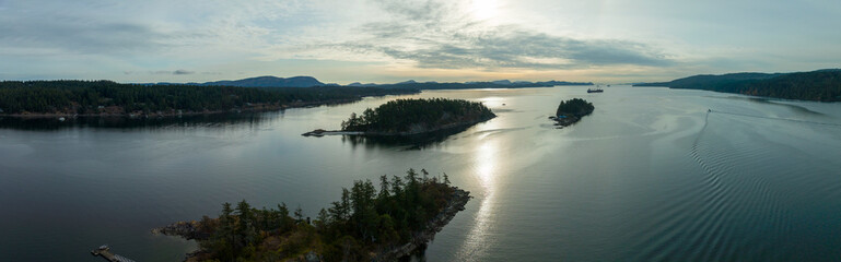 Sister Islands Long Harbour Ganges Sea Vancouver British Columbia Canada Aerial Wide Angle Sunrise Shot